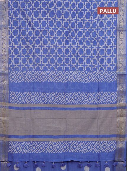 Maheshwari silk cotton saree blue with allover batik prints and zari woven border