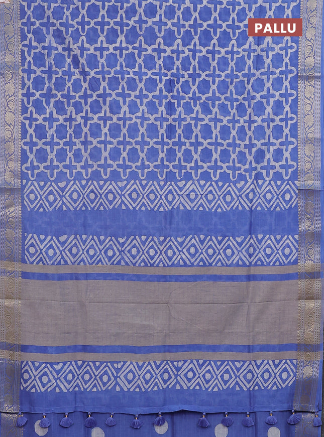 Maheshwari silk cotton saree blue with allover batik prints and zari woven border