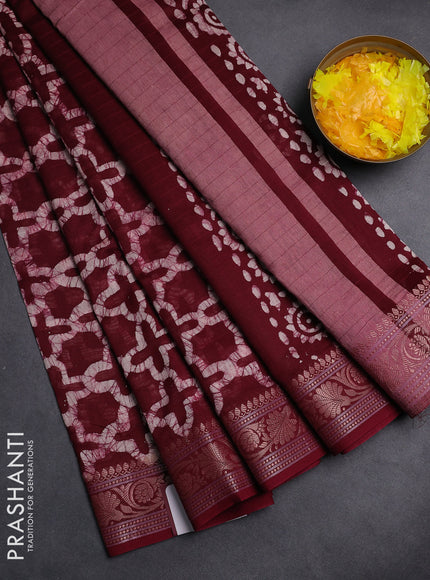 Maheshwari silk cotton saree maroon with allover batik prints and zari woven border