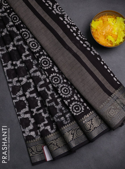 Maheshwari silk cotton saree deep coffee brown with allover batik prints and zari woven border