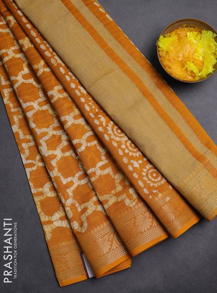 Maheshwari silk cotton saree mustard yellow with allover batik prints and zari woven border