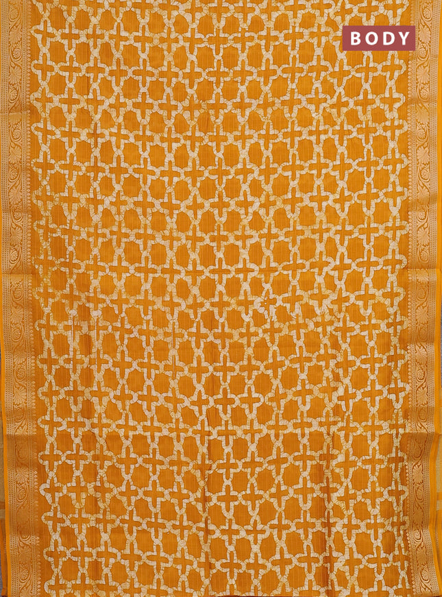 Maheshwari silk cotton saree mustard yellow with allover batik prints and zari woven border