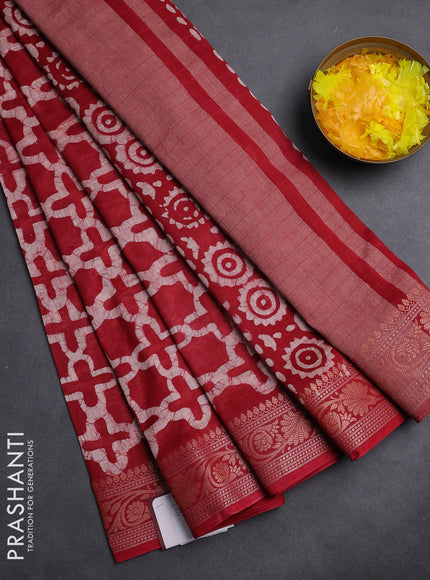 Maheshwari silk cotton saree maroon with allover batik prints and zari woven border