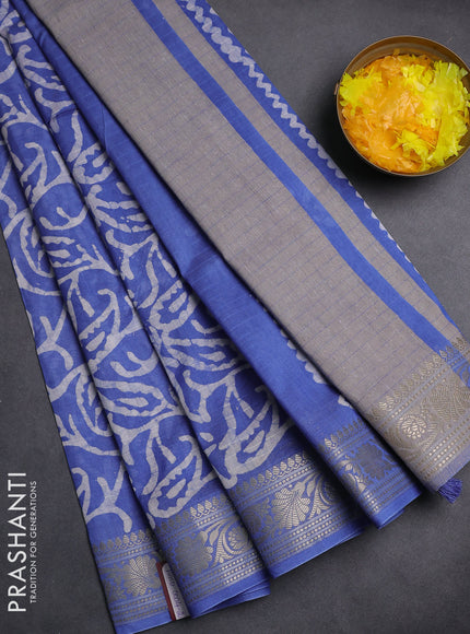 Maheshwari silk cotton saree blue shade with allover batik prints and zari woven border