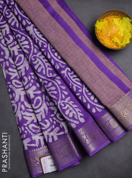 Maheshwari silk cotton saree violet with allover batik prints and zari woven border