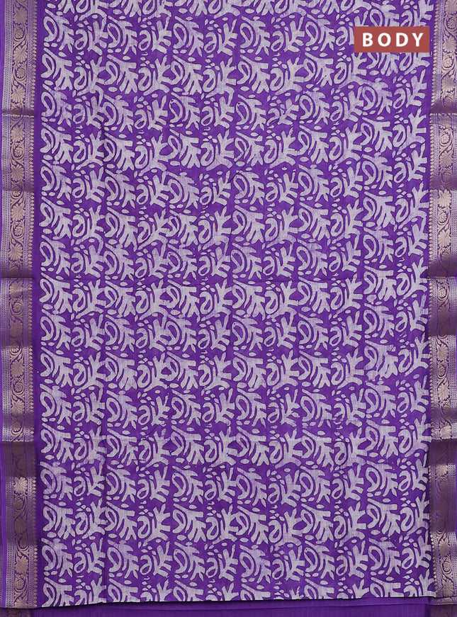 Maheshwari silk cotton saree violet with allover batik prints and zari woven border