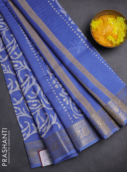 Maheshwari silk cotton saree blue shade with allover batik prints and zari woven border