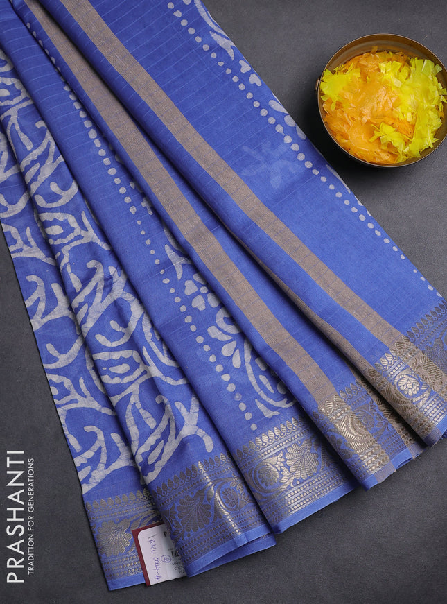 Maheshwari silk cotton saree blue shade with allover batik prints and zari woven border