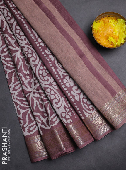 Maheshwari silk cotton saree mauve pink with allover batik prints and zari woven border