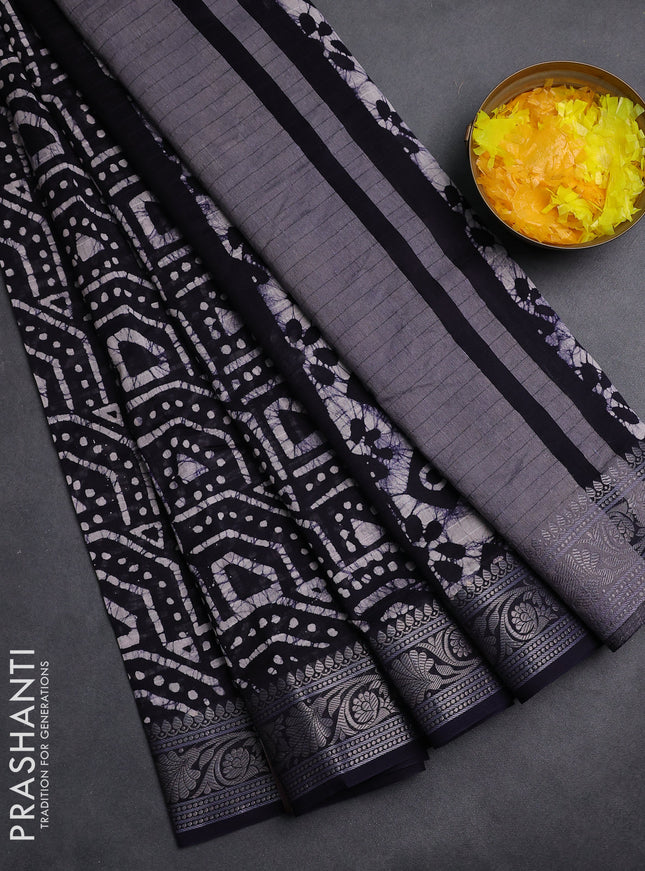Maheshwari silk cotton saree navy blue with allover batik prints and zari woven border