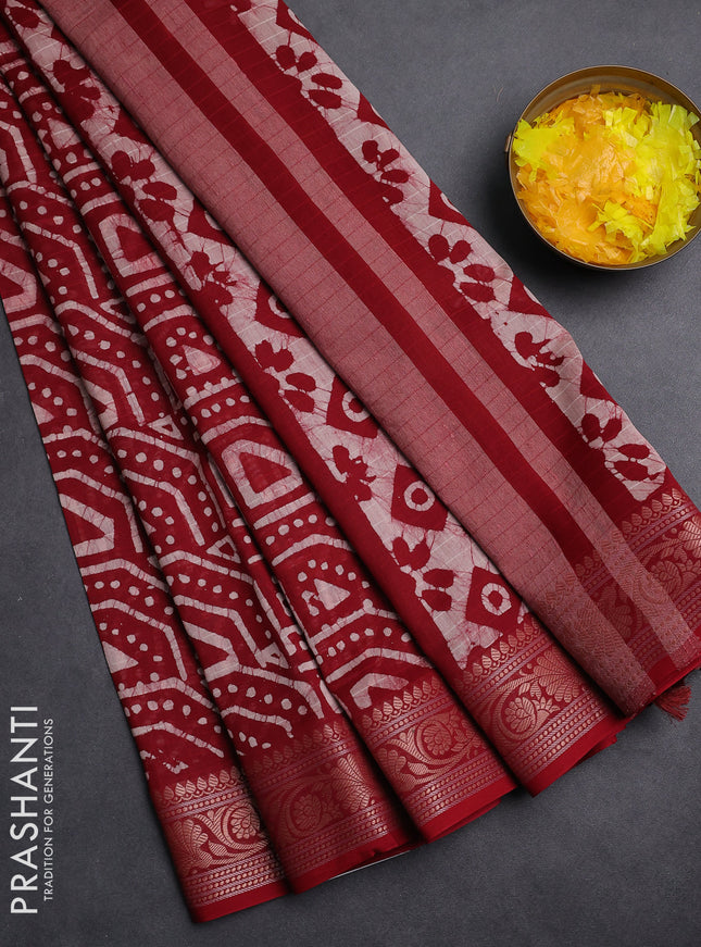 Maheshwari silk cotton saree maroon with allover batik prints and zari woven border
