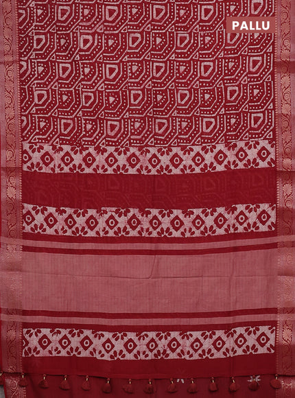 Maheshwari silk cotton saree maroon with allover batik prints and zari woven border