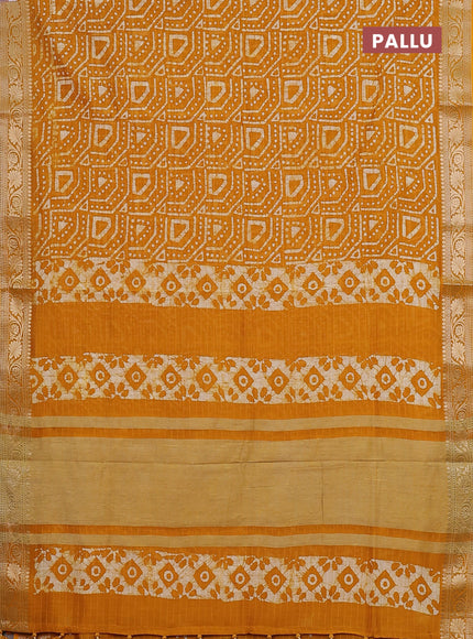 Maheshwari silk cotton saree mustard yellow with allover batik prints and zari woven border