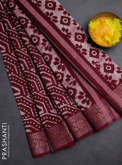 Maheshwari silk cotton saree maroon with allover batik prints and zari woven border