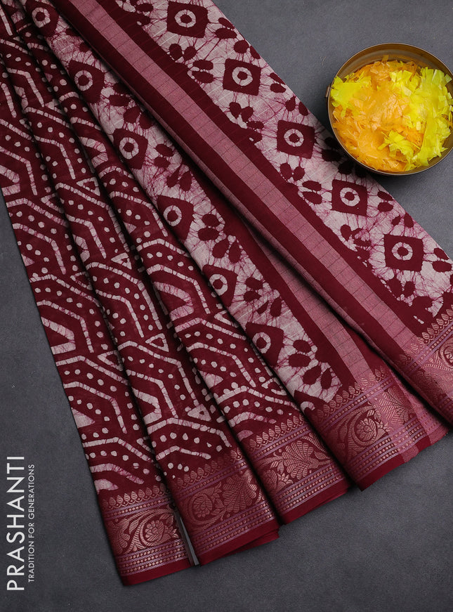 Maheshwari silk cotton saree maroon with allover batik prints and zari woven border
