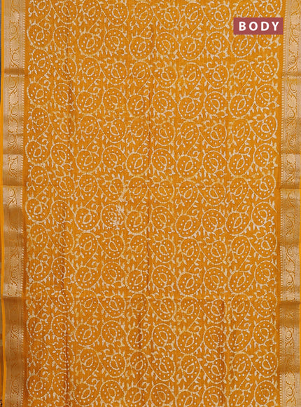Maheshwari silk cotton saree mustard yellow with allover batik prints and zari woven border