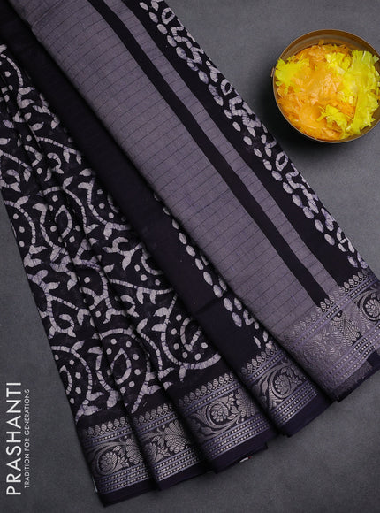 Maheshwari silk cotton saree navy blue with allover batik prints and zari woven border