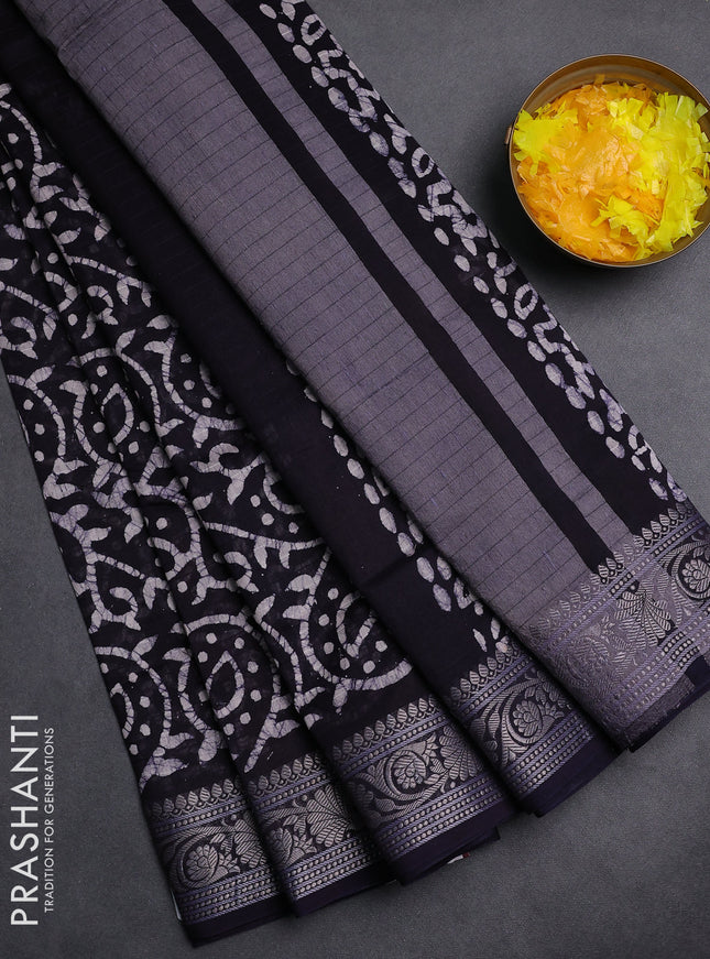 Maheshwari silk cotton saree navy blue with allover batik prints and zari woven border