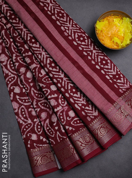 Maheshwari silk cotton saree maroon with allover batik prints and zari woven border