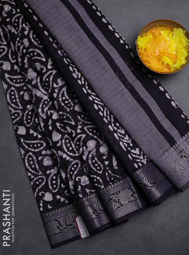 Maheshwari silk cotton saree dark navy blue with allover batik prints and zari woven border