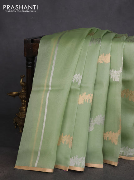 Banarasi organza silk saree pastel green with silver & gold zari weaves and zari woven piping boder