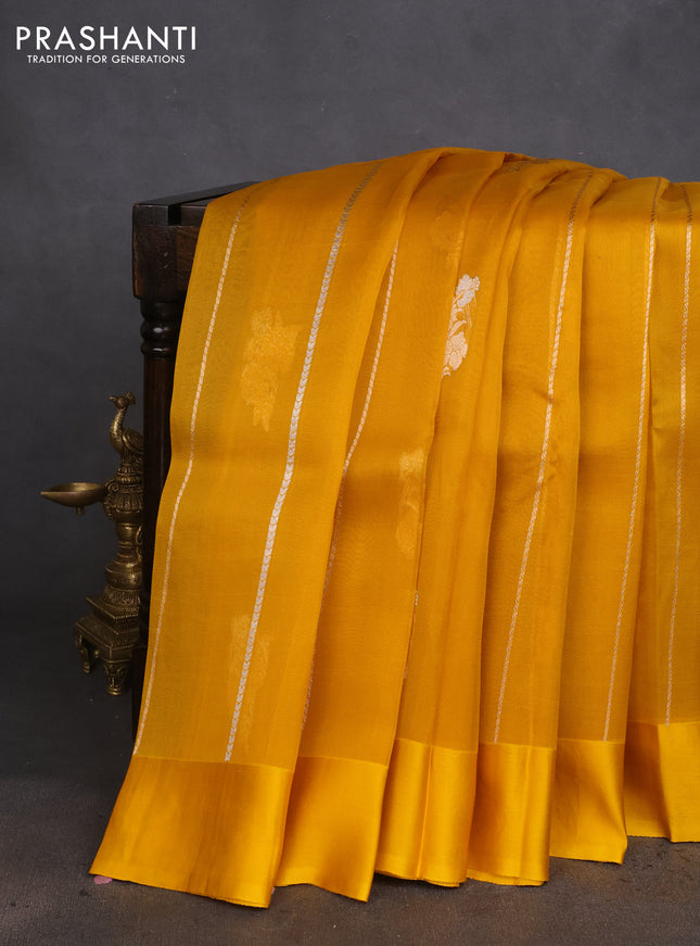 Banarasi organza silk saree mustard yellow with allover zari weaves and satin border