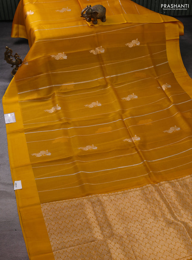 Banarasi organza silk saree mustard yellow with allover zari weaves and satin border