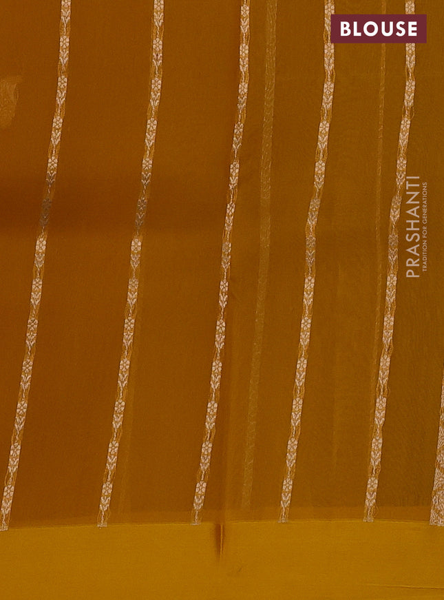 Banarasi organza silk saree mustard yellow with allover zari weaves and satin border