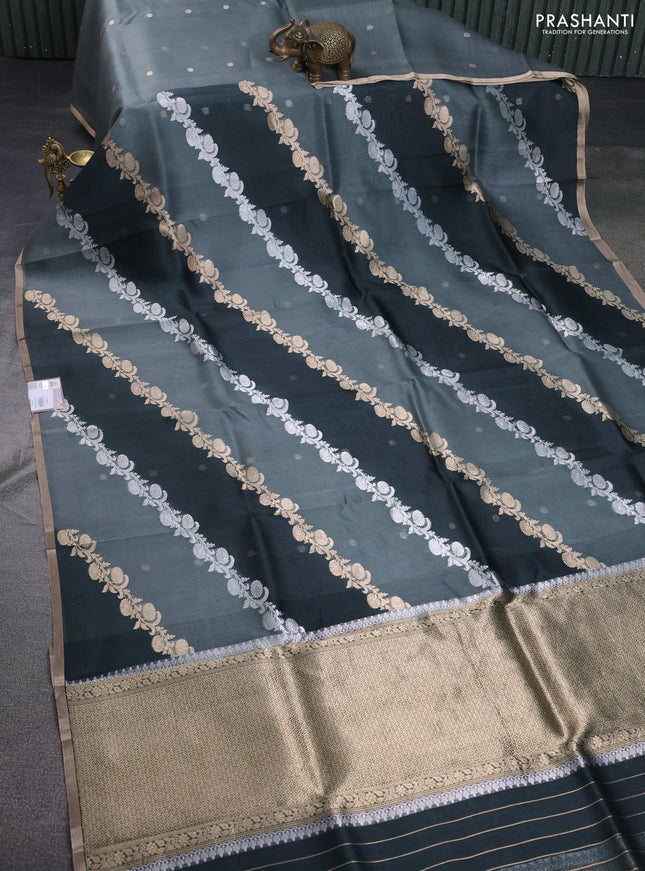 Banarasi organza silk saree greyish green with silver & gold zari weaves and zari woven piping boder