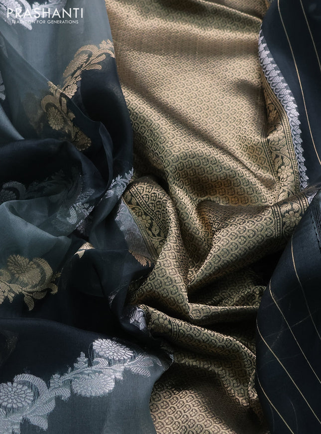 Banarasi organza silk saree greyish green with silver & gold zari weaves and zari woven piping boder