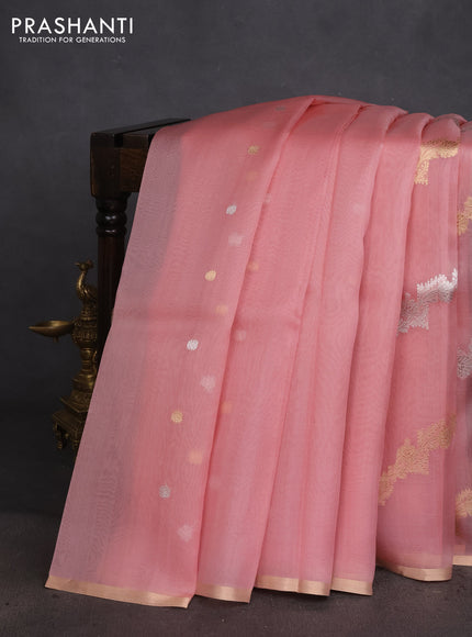 Banarasi organza silk saree peach pink with silver & gold zari weaves and zari woven piping boder