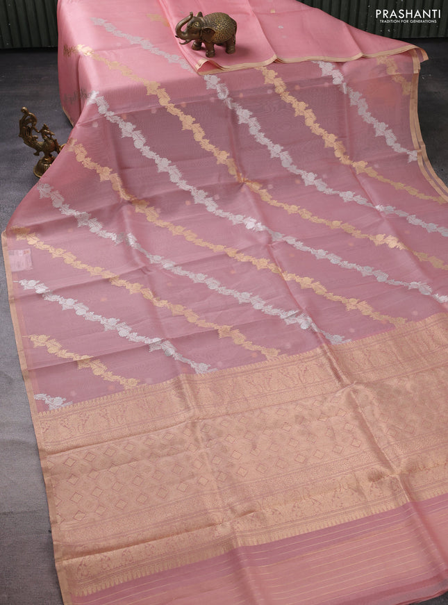 Banarasi organza silk saree peach pink with silver & gold zari weaves and zari woven piping boder