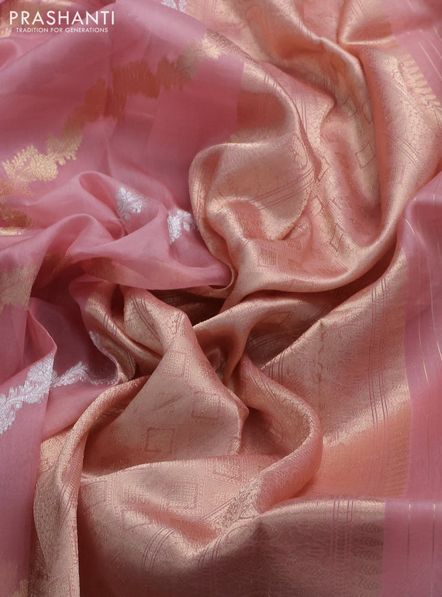 Banarasi organza silk saree peach pink with silver & gold zari weaves and zari woven piping boder