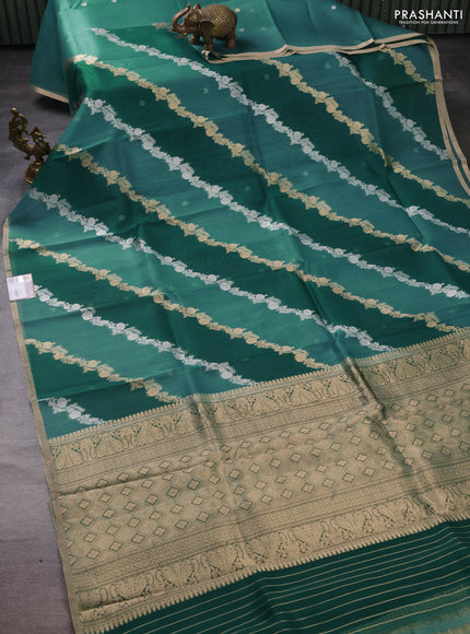 Banarasi organza silk saree teal green shade with silver & gold zari weaves and zari woven piping boder