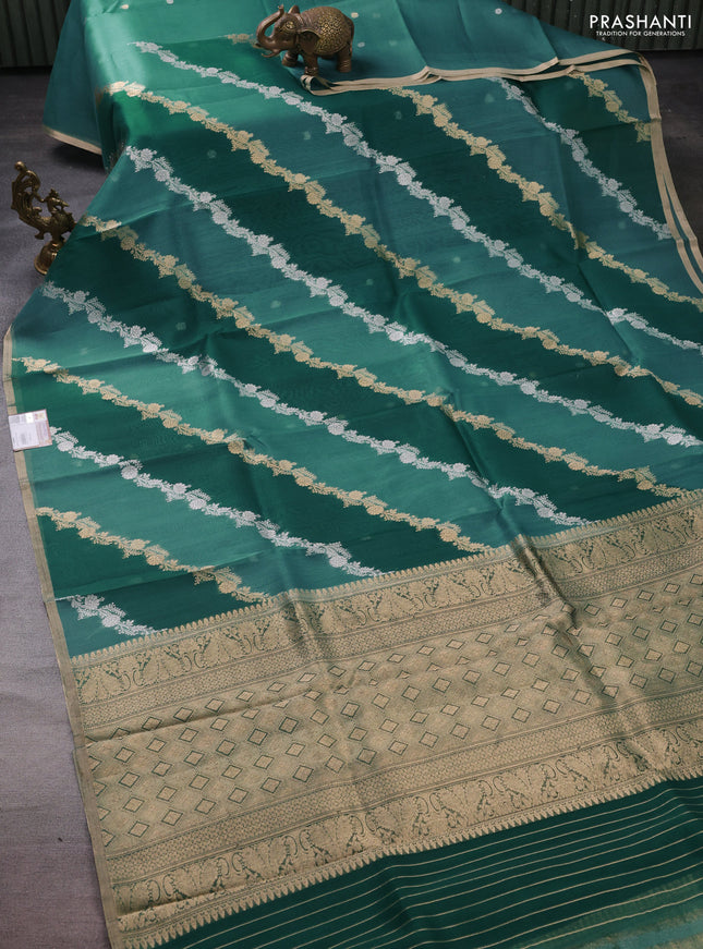 Banarasi organza silk saree teal green shade with silver & gold zari weaves and zari woven piping boder