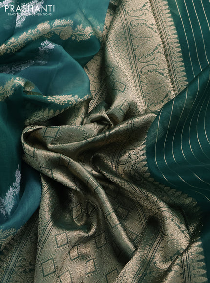 Banarasi organza silk saree teal green shade with silver & gold zari weaves and zari woven piping boder