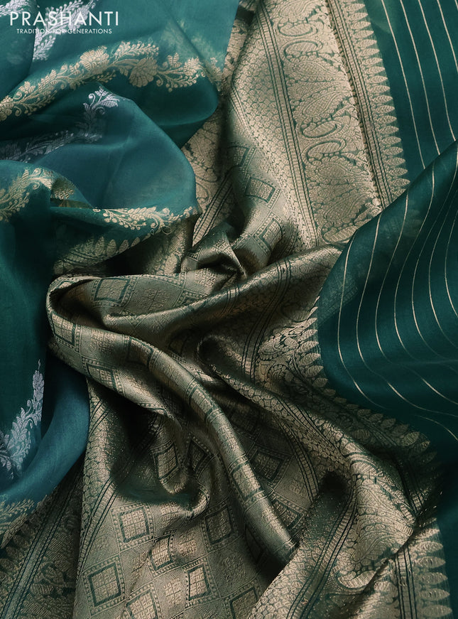 Banarasi organza silk saree teal green shade with silver & gold zari weaves and zari woven piping boder