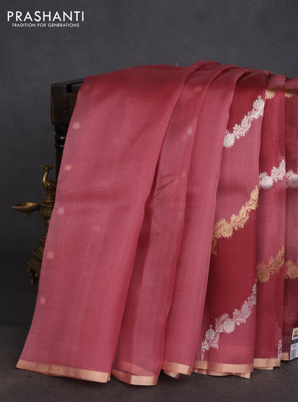 Banarasi organza silk saree pastel maroon and mauve pink with silver & gold zari weaves and zari woven piping boder