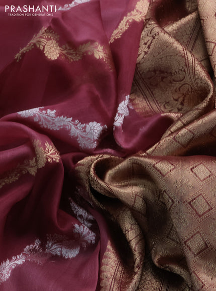 Banarasi organza silk saree pastel maroon and mauve pink with silver & gold zari weaves and zari woven piping boder