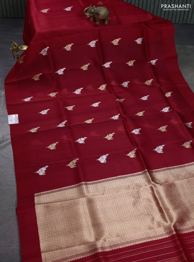 Banarasi organza silk saree red with silver & gold zari woven buttas and simple border