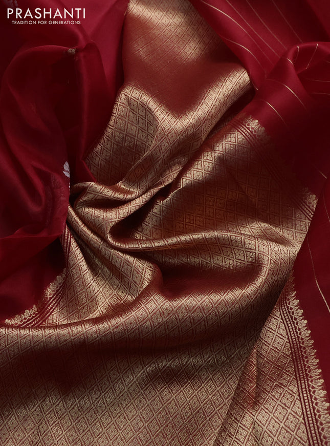 Banarasi organza silk saree red with silver & gold zari woven buttas and simple border