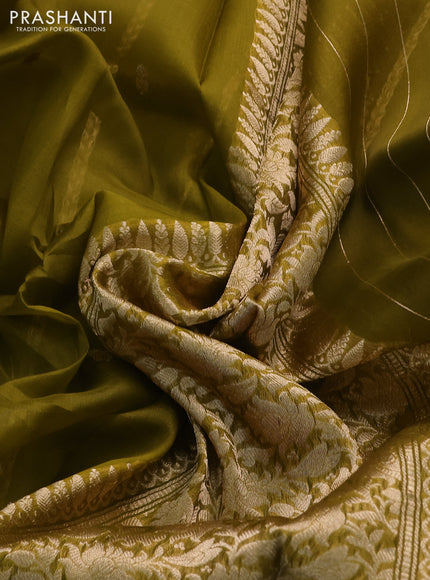 Banarasi organza silk saree mehendi green with zari woven buttas and zari woven piping boder