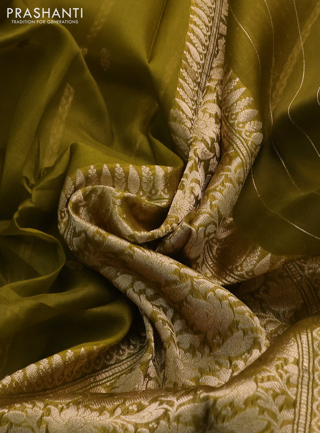 Banarasi organza silk saree mehendi green with zari woven buttas and zari woven piping boder