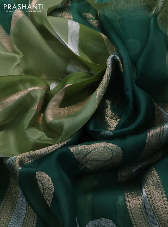 Banarasi organza silk saree pastel green and green with rangakt weaves and zari woven simple border