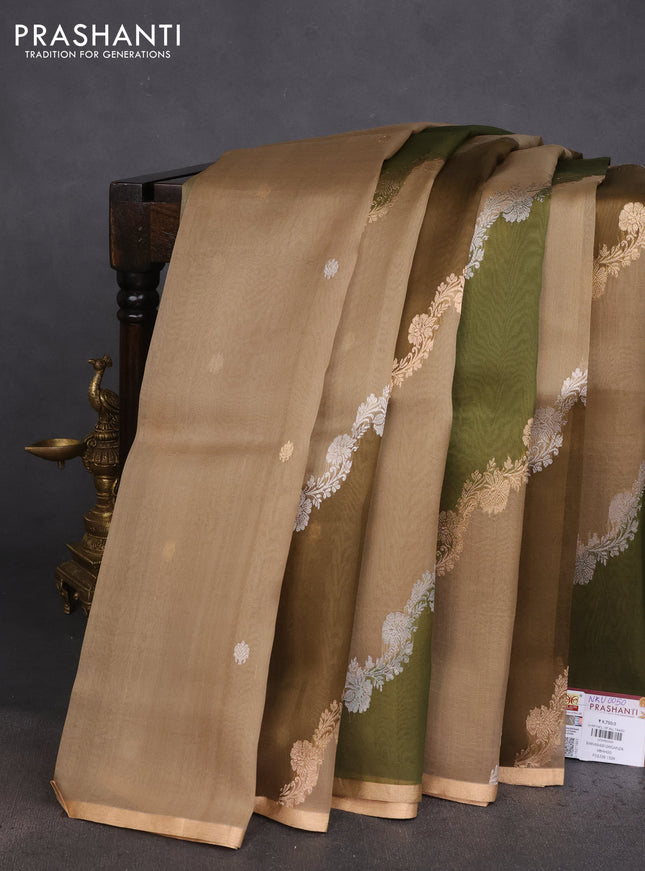Banarasi organza silk saree beige and sap green with rangakt weaves and zari woven piping boder