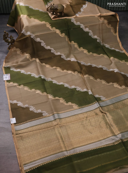 Banarasi organza silk saree beige and sap green with rangakt weaves and zari woven piping boder