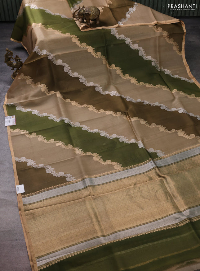 Banarasi organza silk saree beige and sap green with rangakt weaves and zari woven piping boder
