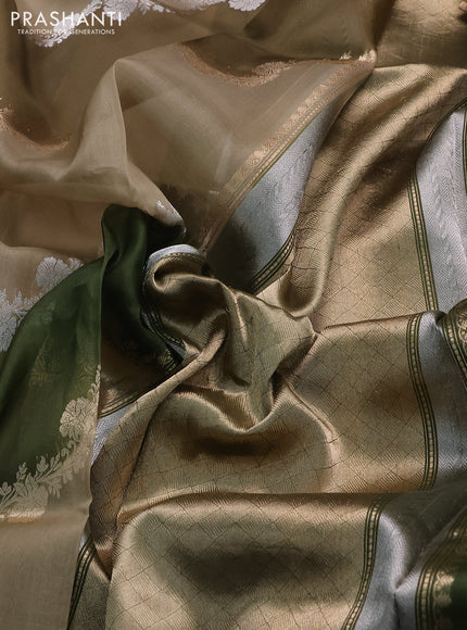 Banarasi organza silk saree beige and sap green with rangakt weaves and zari woven piping boder