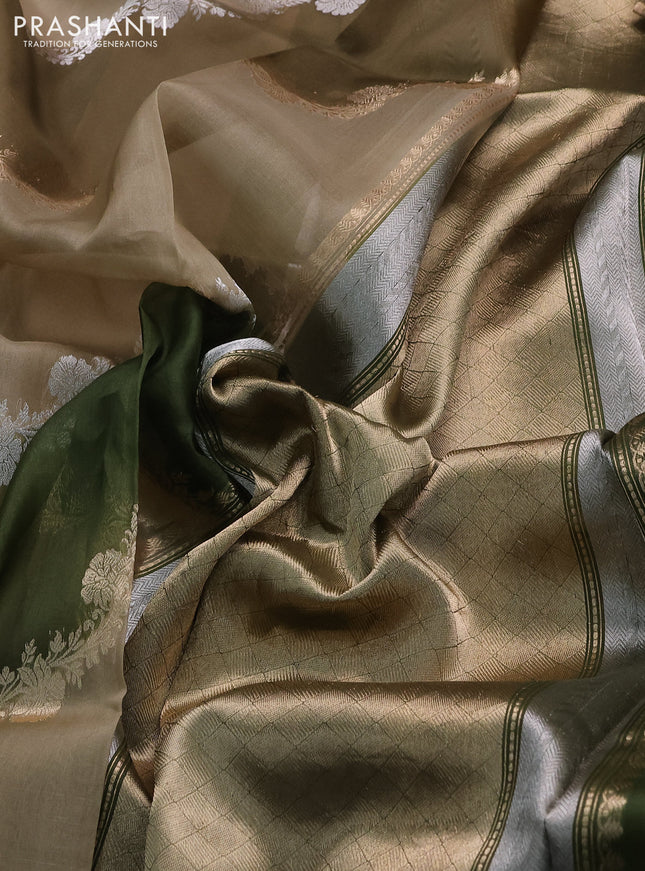 Banarasi organza silk saree beige and sap green with rangakt weaves and zari woven piping boder