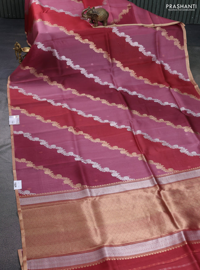 Banarasi organza silk saree maroon with rangakt weaves and zari woven piping boder
